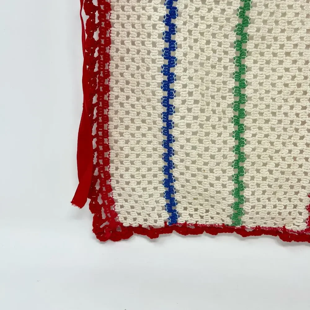 Vintage‎ Off-White w/Red Blue Green Stripes Hand Crochet Red Pocket Half Apron